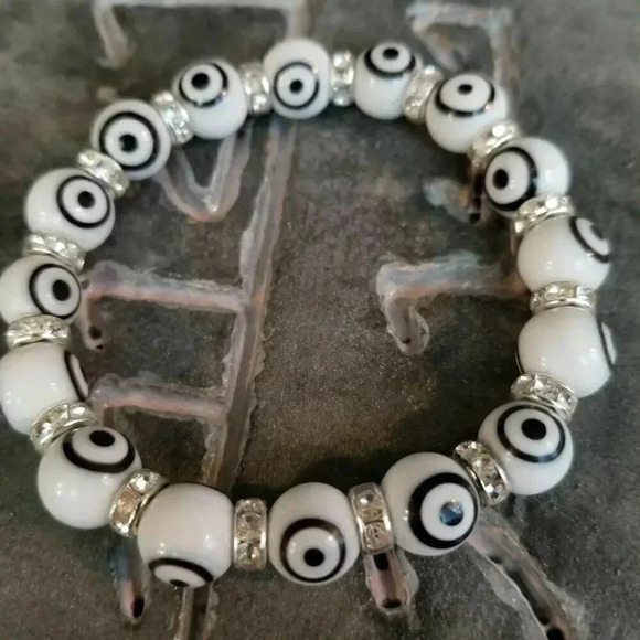 Handmade White Black Turkish Evil Eye Glass & Egyptian Crystal Talisman Bracelet - Picture 2 of 4
